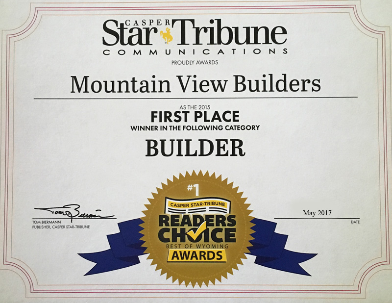 Mountain View Builders was awarded the 2017 Readers Choice Award by the Casper Star Tribune